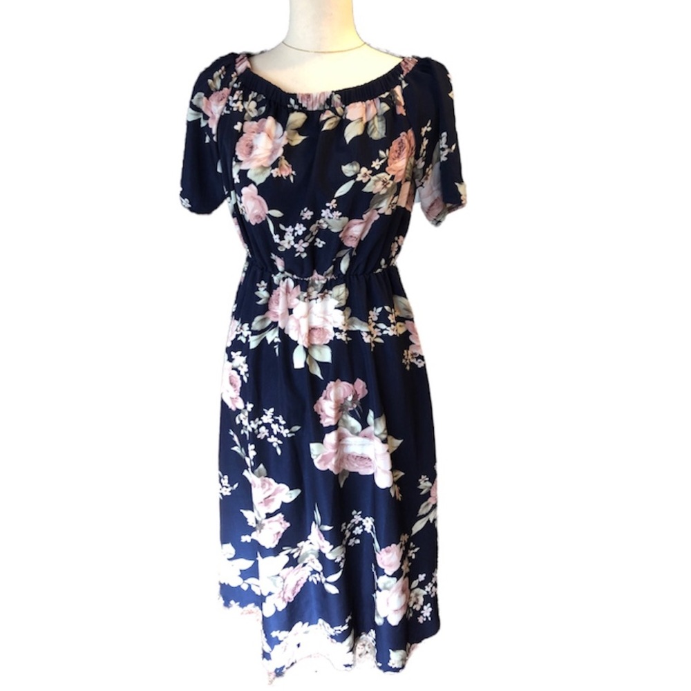 Navy Floral Midi Dress with Boatneck